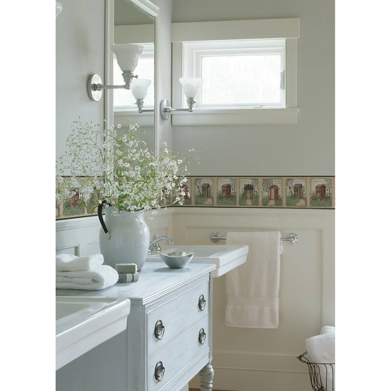 Americana Mamie Fisher Sage Country Outhouses 15' L X 6.68 W Wallpaper Border - Sage