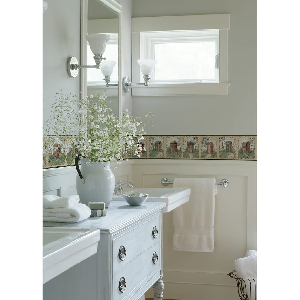 Americana Mamie Fisher Sage Country Outhouses 15' L X 6.68 W Wallpaper Border