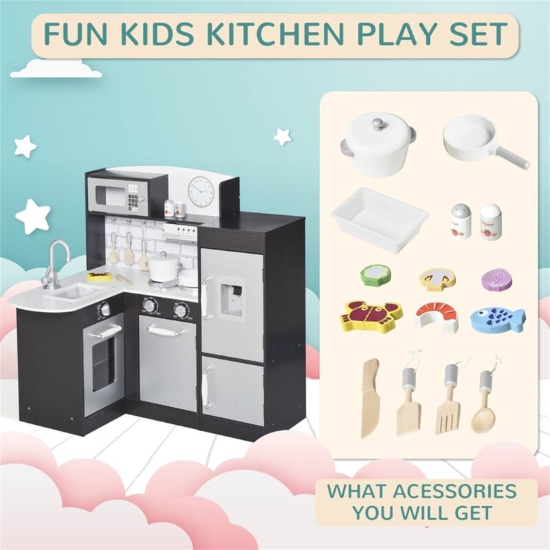 Kids Wooden Corner Kitchen Playset with Sink Stove Refrigerator and Accessories Black Silver - 33.75"L x 25.25"W x 33.25"H