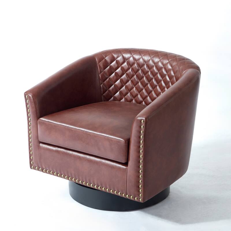 Tufted PU Vegan Leather Swivel Barrel Chair with Nailheads Trim