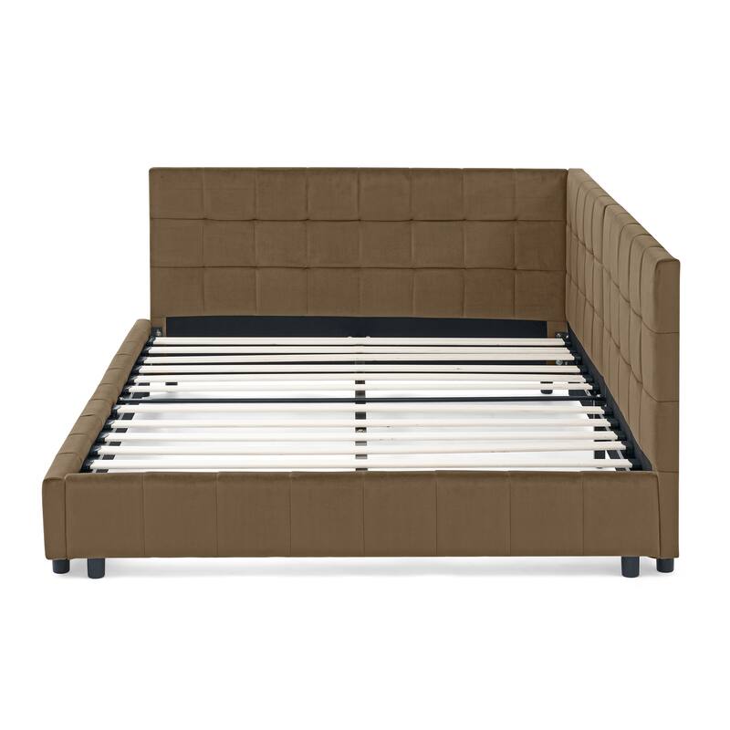 Upholstered Tufted Sofa Bed Frame, Full Size Velvet Fabric Daybed with Comfortable Backrest and Armrests, Wood Slats Support