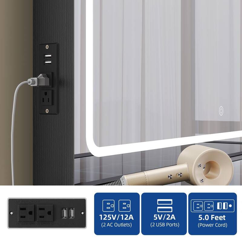 Moasis 9-Drawer Makeup Vanity Set with Stool and Mirror, Glass Top Vanity Desk with LED Lights