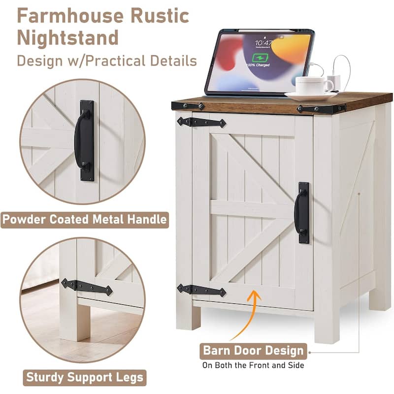 Farmhouse Wood Nightstand with Charging Station, End Table, Side Table