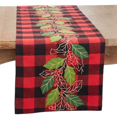 Rustic Buffalo Plaid Holly Leaves Table Runner - 16"x70"