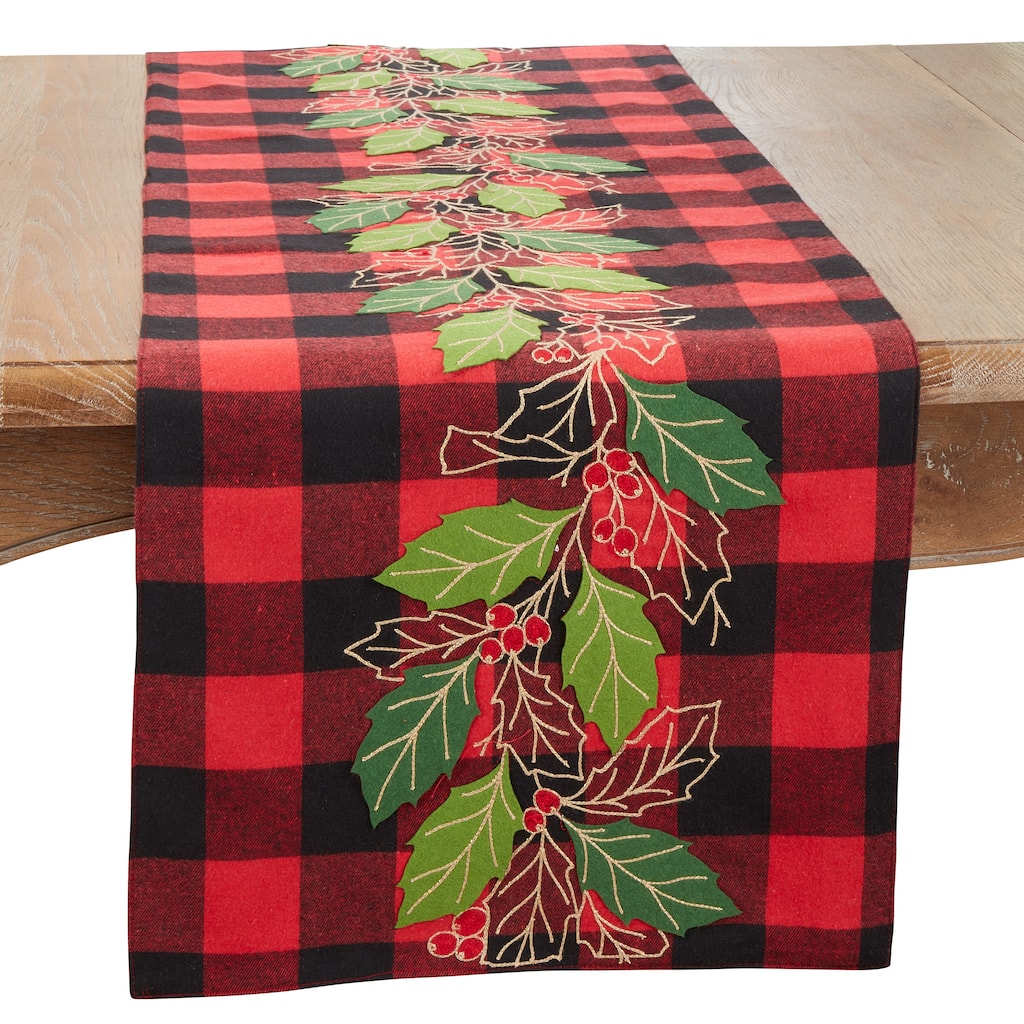 Rustic Buffalo Plaid Holly Leaves Table Runner - 16"x70"
