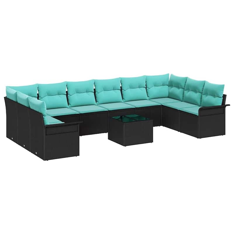 vidaXL 11 Garden Sofa Set with Cushions Black Poly Rattan - 135.4 x 73.8 x 27.2