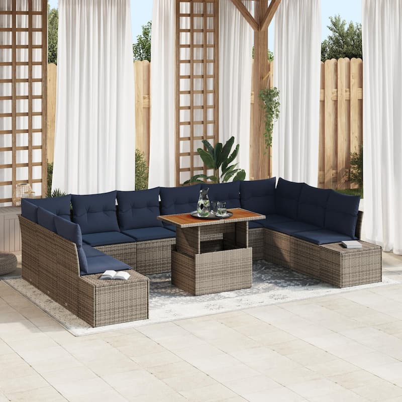 vidaXL 11 Garden Sofa Set with Cushions Black/Grey Poly Rattan - 135.4 x 89.4 x 27.2 - Grey