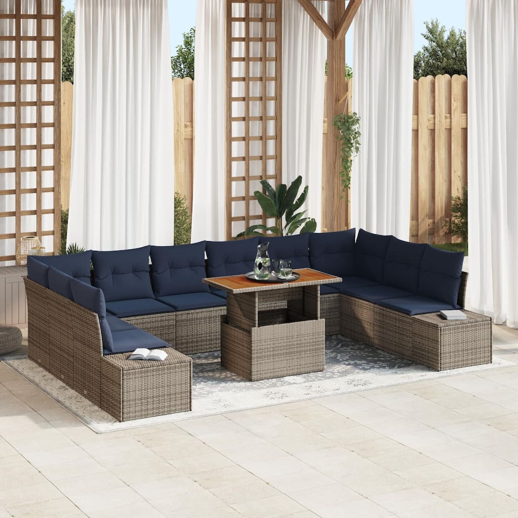 vidaXL 11 Garden Sofa Set with Cushions Black/Grey Poly Rattan - 135.4 x 89.4 x 27.2