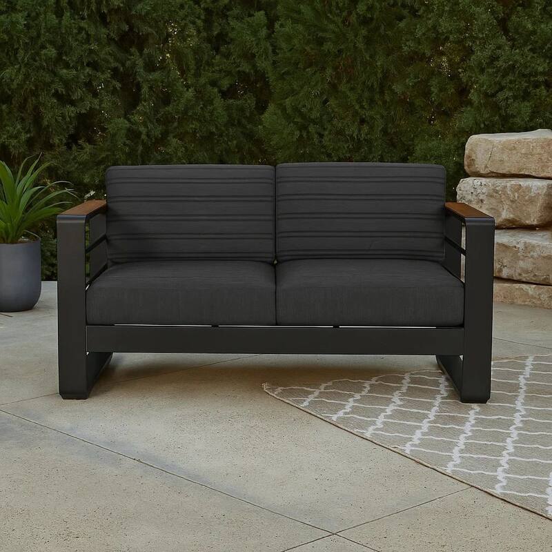 Vinia Loveseat, Outdoor Dark Gray Polyester, Wood Accents, Black, 57 Inch