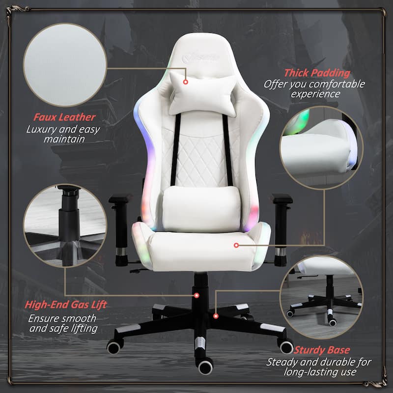 Vinsetto Gaming Chair with RGB LED Light, 2D Arm, Lumbar Support, Swivel Home Office Computer Recliner - 26.75" x 26.75" x 53.5"