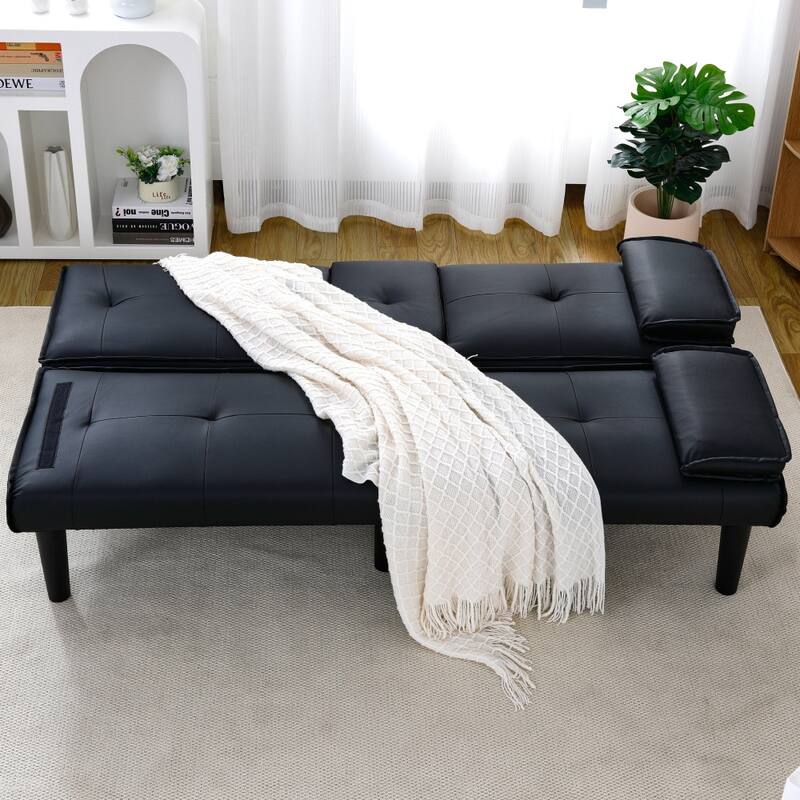 67 in Black PVC Foldable Sofa with Cup Holder