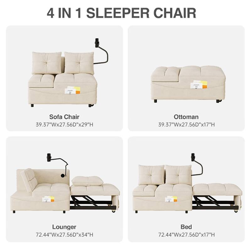 Velvet Pull-Out Bed Loveseat Sofa, Adjustable Back Tufted Futon Sofa with USB port and swivel Phone Stand, Pockets