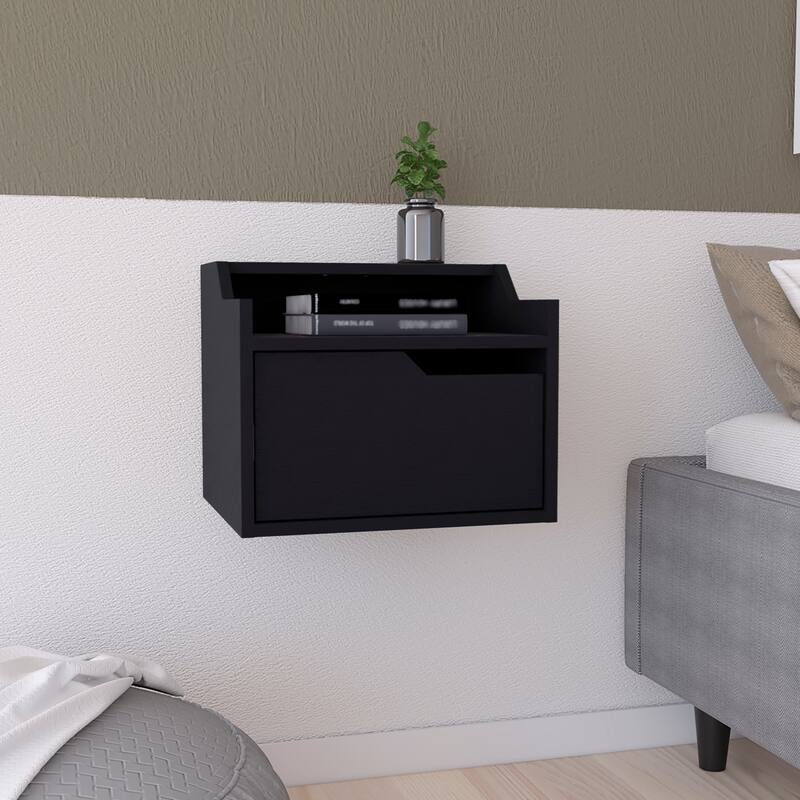 Modern Floating Nightstand with Spacious Drawer and Dual-Tier Design, Black - Black