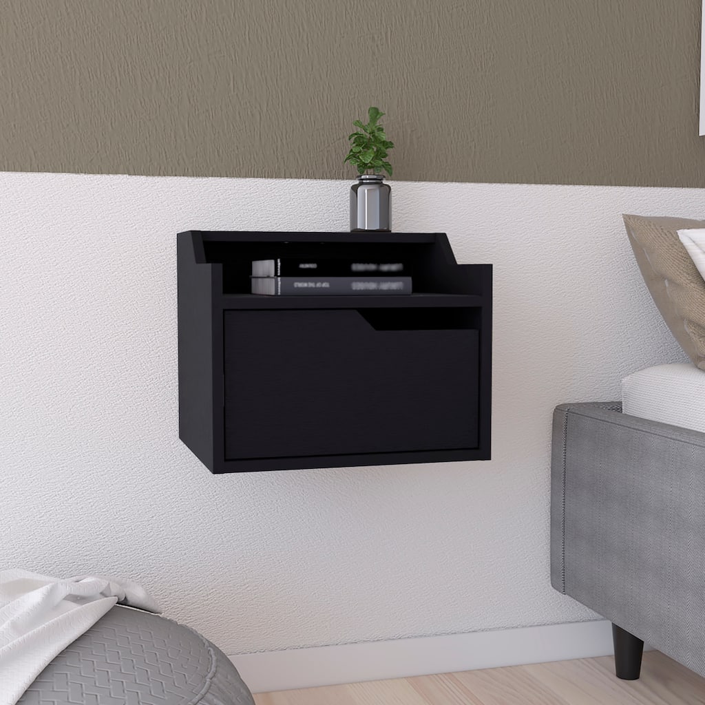 Modern Floating Nightstand with Spacious Drawer and Dual-Tier Design, Black