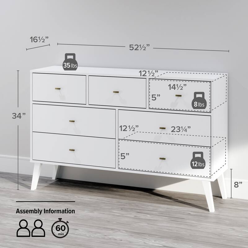 Prepac Milo Mid-Century Modern 7 Drawer Double Dresser for Bedroom, Chest of Drawers, Contemporary Bedroom Furniture