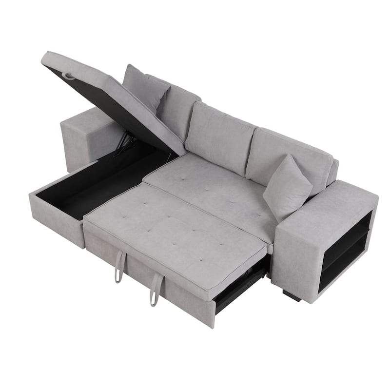 Roomfitters 3-Seater Modern L-Shape Reversible Sectional Couch, Pull-Out Sleeper Sofa with Storage Chaise and Two Stools