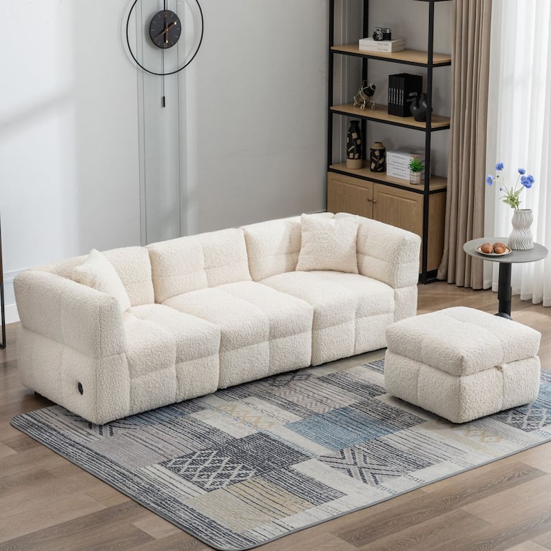 Sectional Sofa Couch with Two USB Ports, a Movable Storage Ottoman, and Two Lumbar Pillows for Living Room - Beige