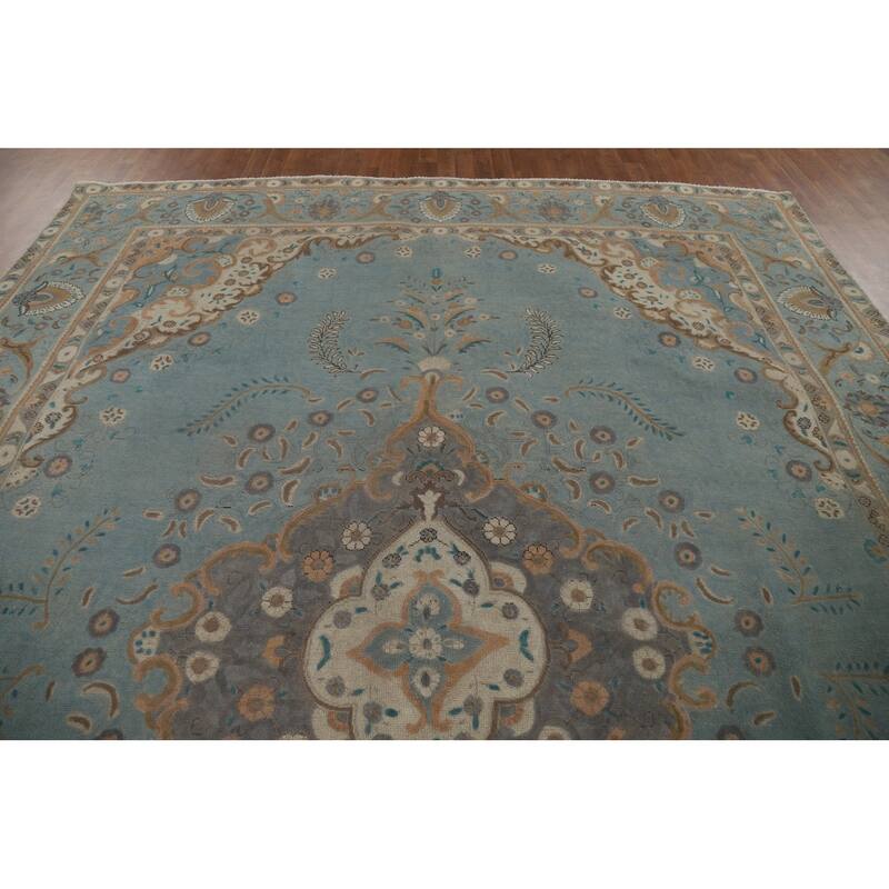 Tabriz Vintage Persian Area Rug Handmade Floral Blue Wool Carpet - 9'10" x 12'11"