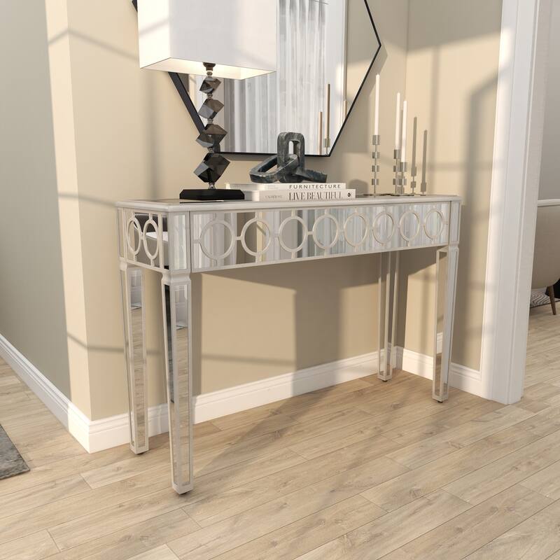 Silver Glass Mirrored Geometric Console Table with Circular Panel Inlay