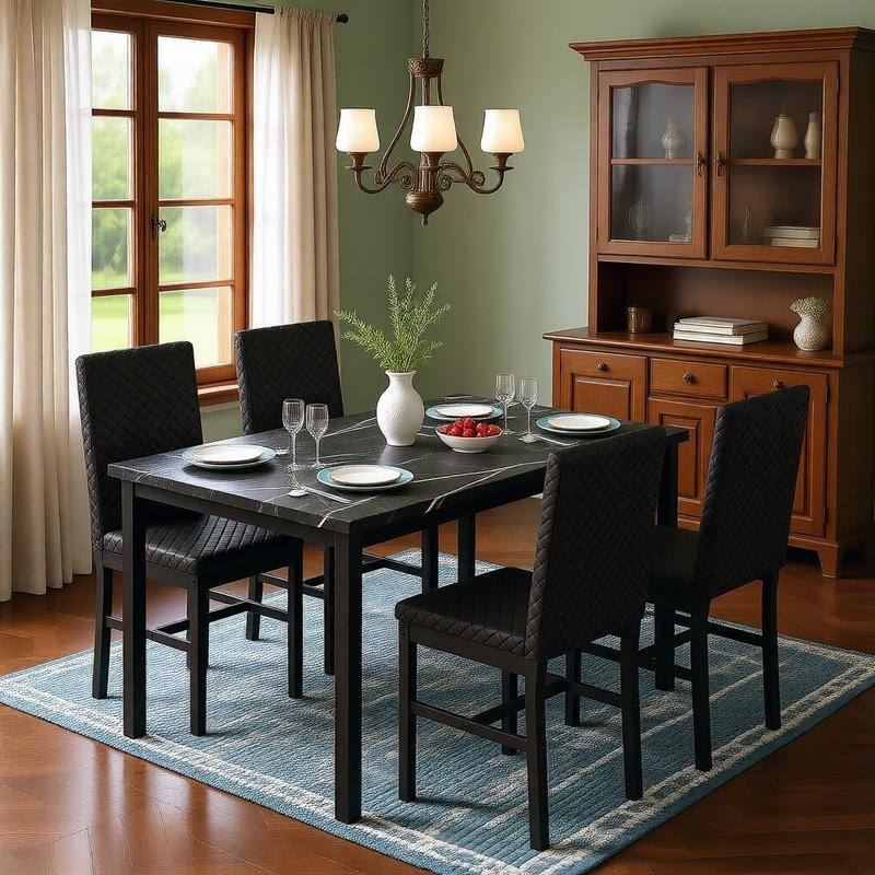 Grondin 5-Piece Dining Room Table Set with Faux Marble Table Top and Diamond Stitching Velvet Upholstery Dining Chairs - Black