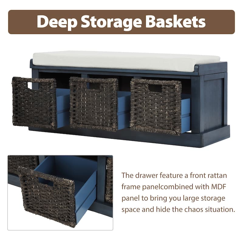 Entryway Storage Bench with 3 Removable Basket, Shoe Bench with Removable Cushion for Living Room, Entryway, Hallway