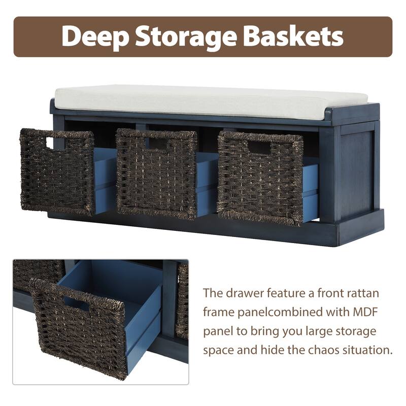 Storage Bench with 3 Removable Classic Rattan Basket , Entryway Bench with Removable Cushion - Blue