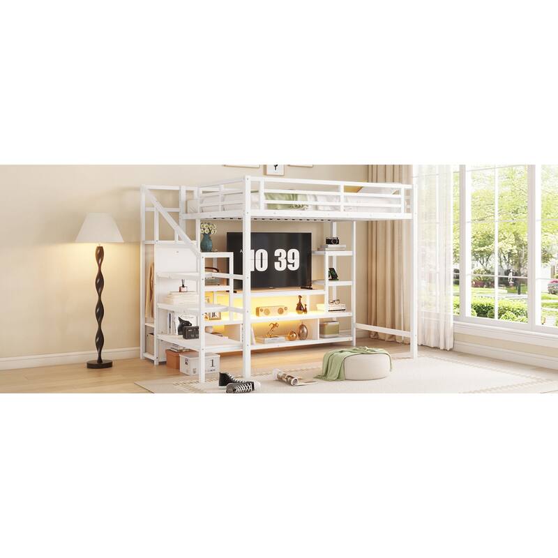 Roomfitters Full Metal Loft Bed, Staircase Storage and TV Stand with Wardrobe for Bedroom, White
