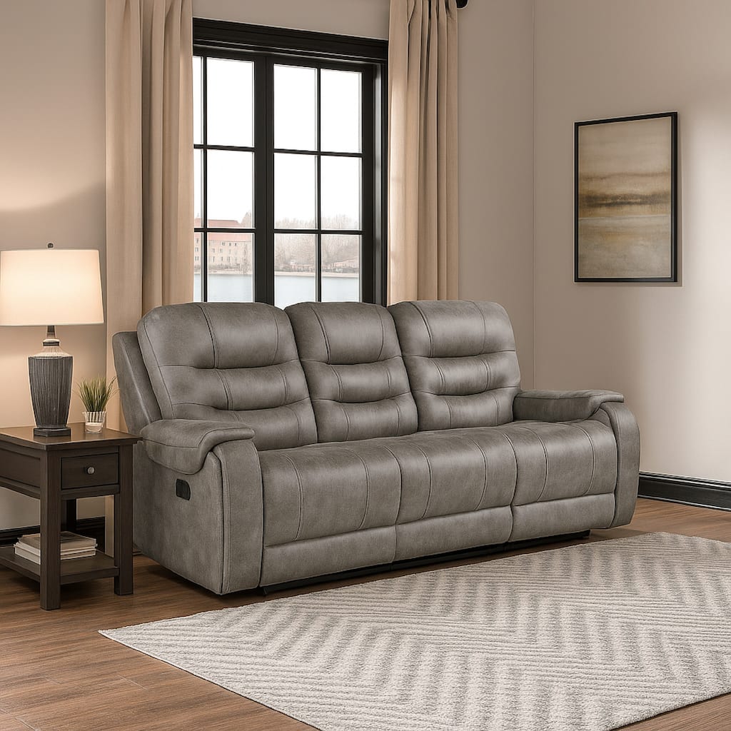 Erron Manual Double Recliner Sofa, Gray Brown Microfiber, 87 Inch