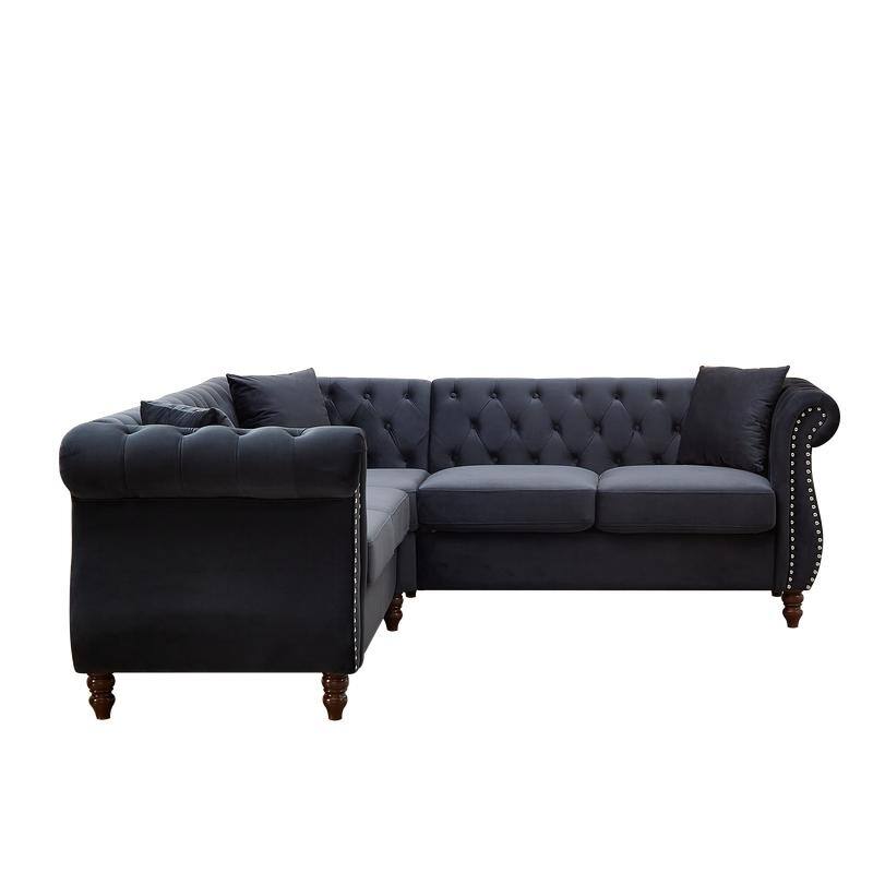83.5 Inch Velvet Upholstered L-Shaped Sofa Sectional Couch with 3 Pillows