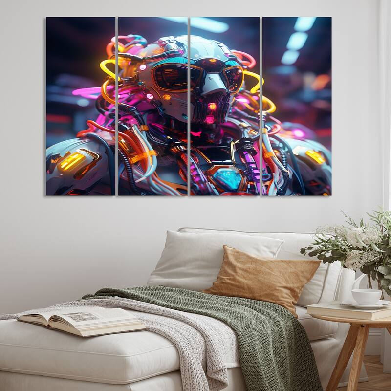 Designart "Sci-Fi Retro Futuristic Robot In Neon III" Robot Multipanel Wall Art Living Room set - 48 In. Wide X 28 In. High - 4 Panels Equal Panels