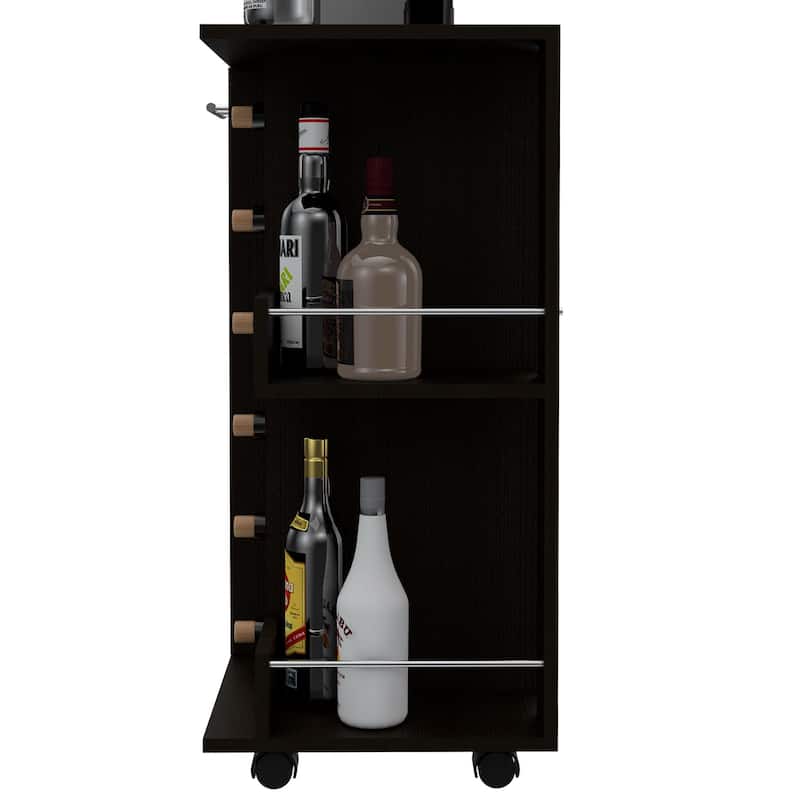 Bar Cart, Four Casters, Six Wine Cubbies, Single Door Cabinet
