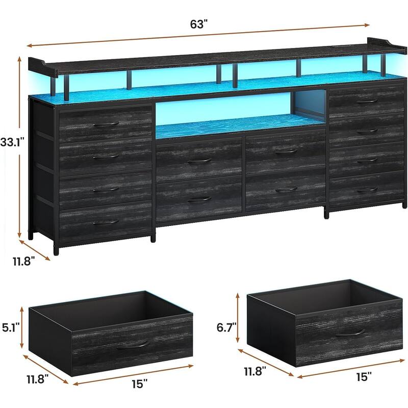 TV Stand with LED Lights Power Outlets Dresser Fabric Drawers Entertainment Center