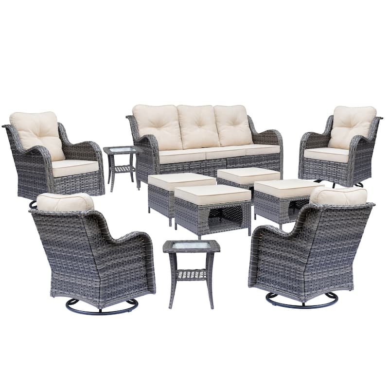 11 Piece Outdoor Wicker Patio Conversation Swivel Chairs Furniture Set
