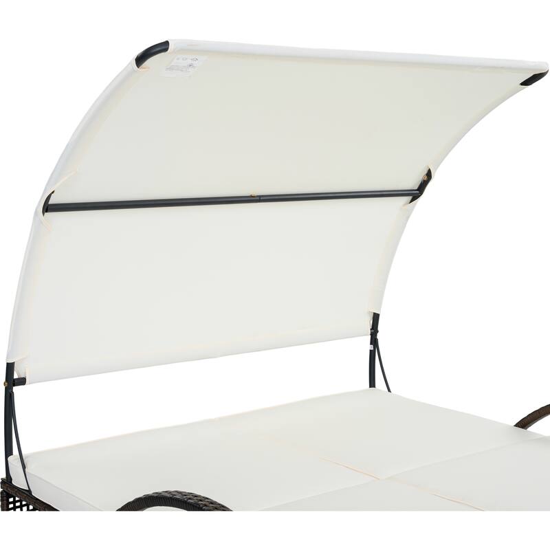 Outdoor Steel Frame Sun Lounger with Adjustable Backrest,Patio Double Sunbed with Hidden Side Table and Arched Armrests