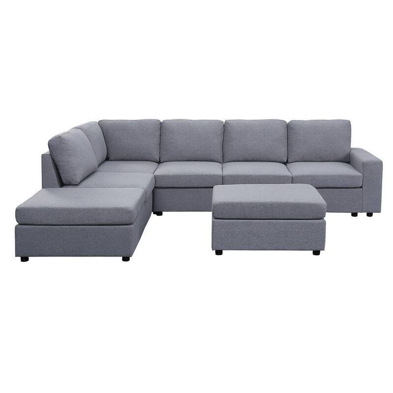 Cassia Light Gray Linen 7 Seat Reversible Modular Sectional Sofa with Ottoman