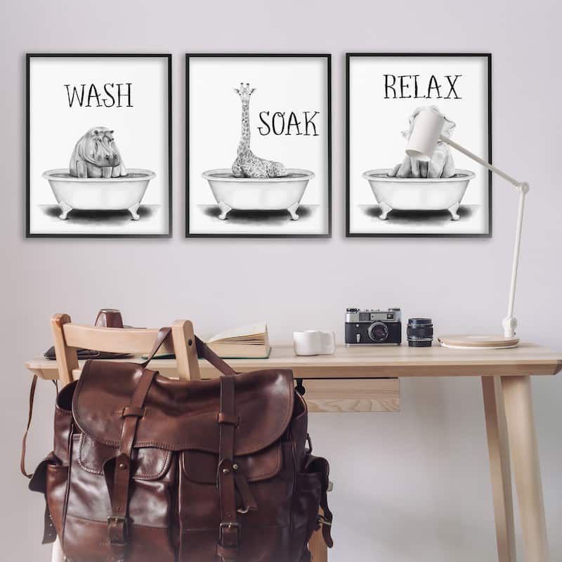 Stupell Wash Soak And Relax Jungle Animal Bath Tub, 3pc Multi Piece Framed Wall Art Set, 3pc Set