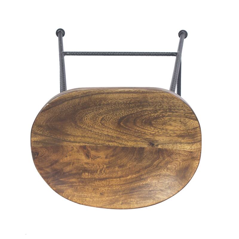 Jael 28 Inch Bar Stool with Mango Wood Saddle Seat, Iron Rod Legs, Brown and Black