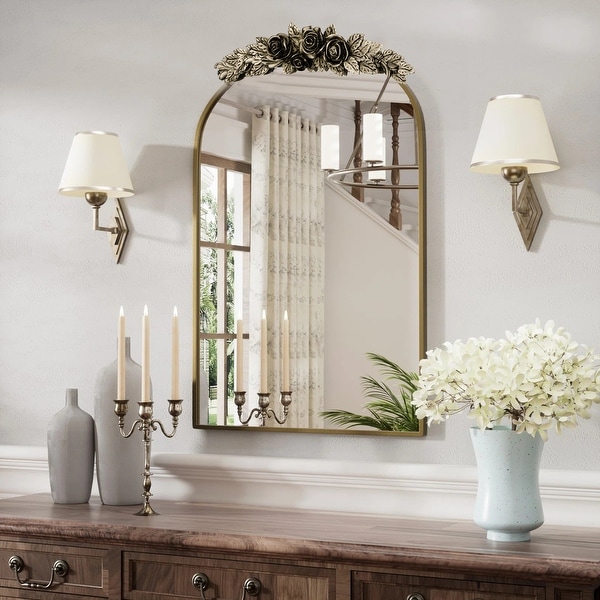 Retro Flower Antique Brass Frame Metal Arch Wall Mirror - On Sale
