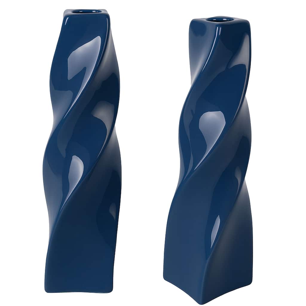 Blue Tall Curvy Santa Fe Style Ceramic Candlesticks Set of Two