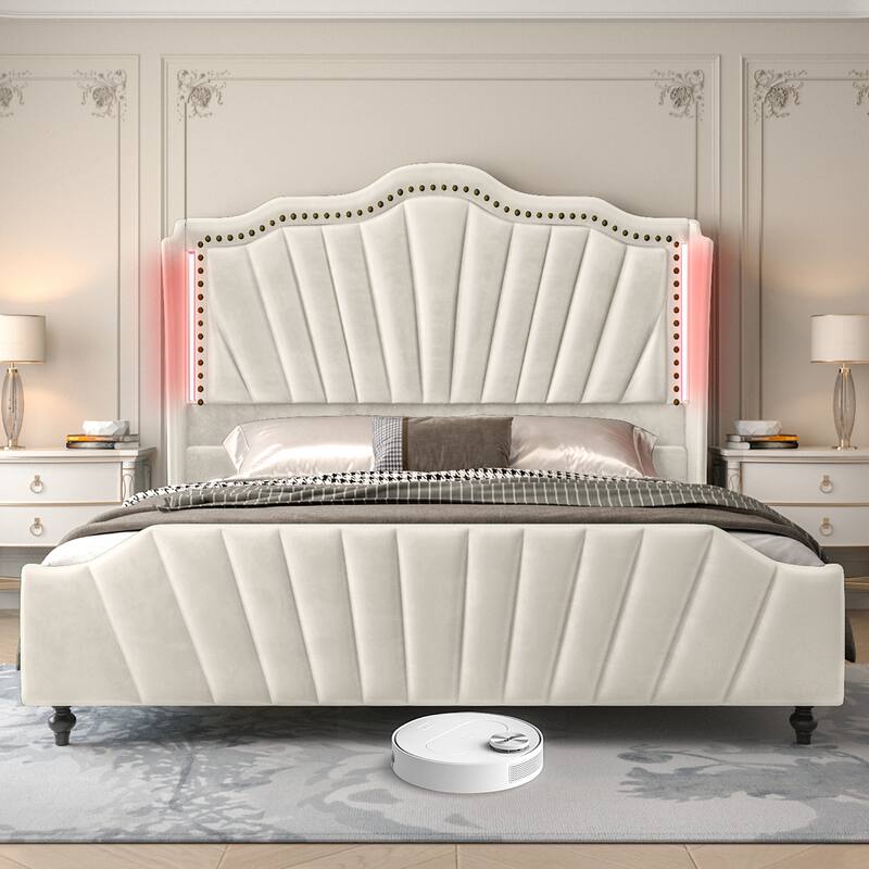 Velvet Upholstered Platform Bed Frame with 60" Tall Wingback Headboard