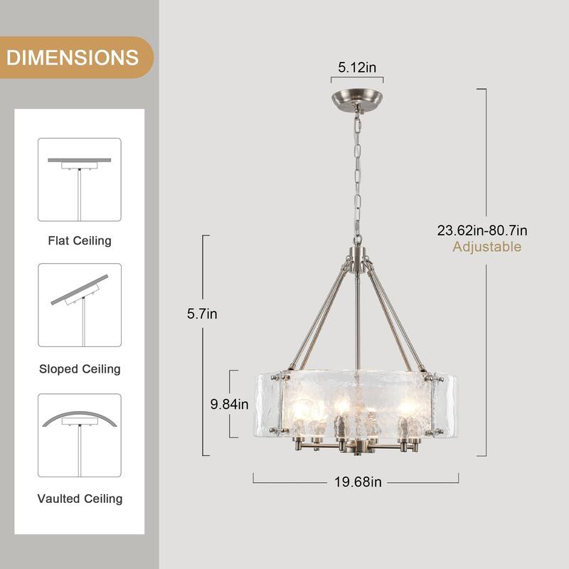 19.68 in. Modern 6-Light Dimmable Drum Candle Chandelier with Ripple Glass Shade