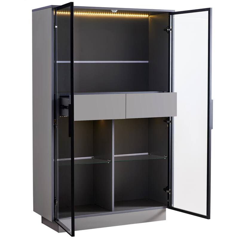 60.6'' Tall Display Cabinet with Tempered Glass Door, LED Lighting, Two Drawers, Modern Style Storage Cabinet for Living