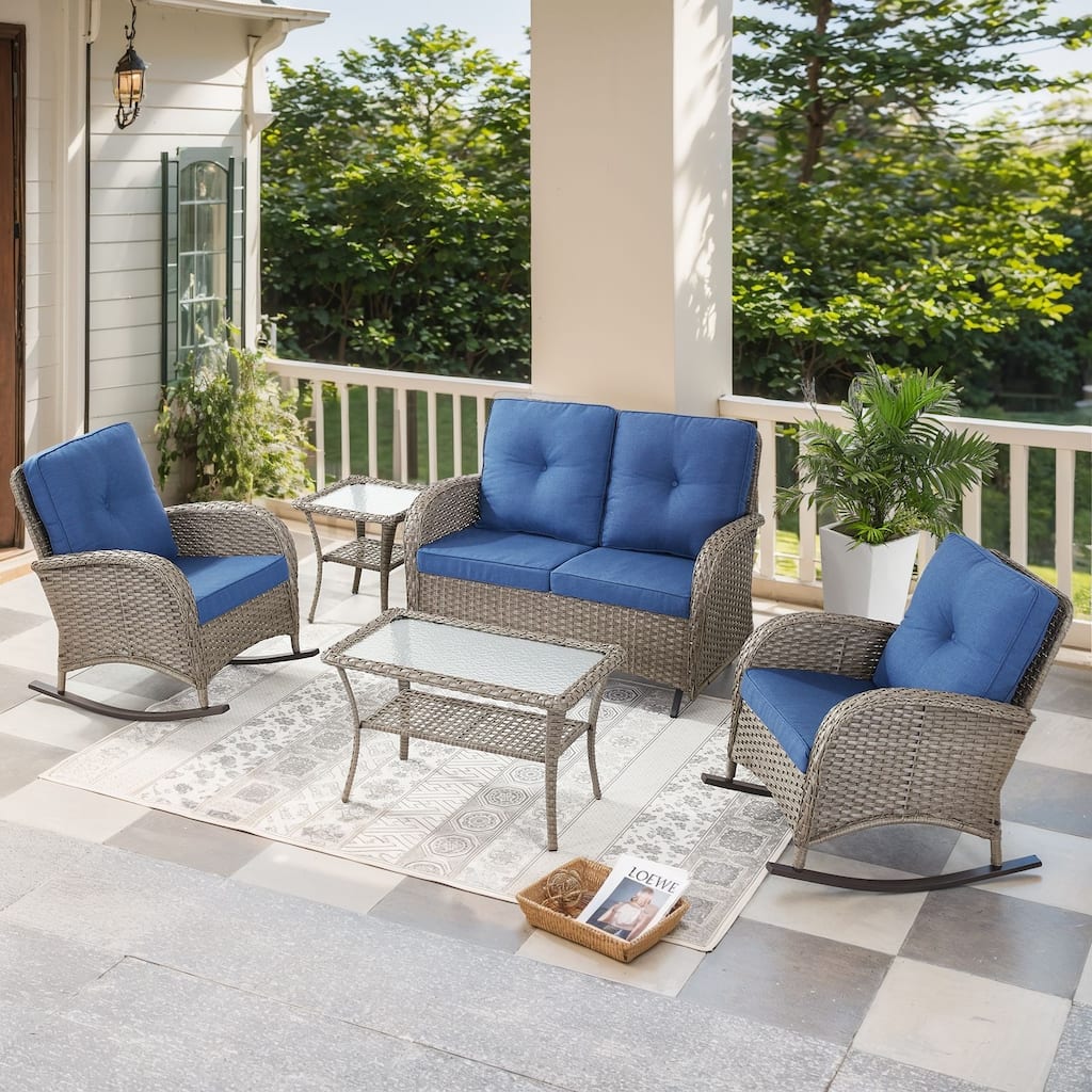 Outdoor Glider Sofa Rocker Chairs Table Grey-Blue - Grey
