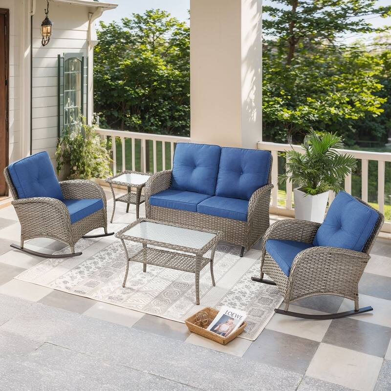Outdoor Glider Sofa Rocker Chairs Table Grey-Blue - Grey - Grey - Blue
