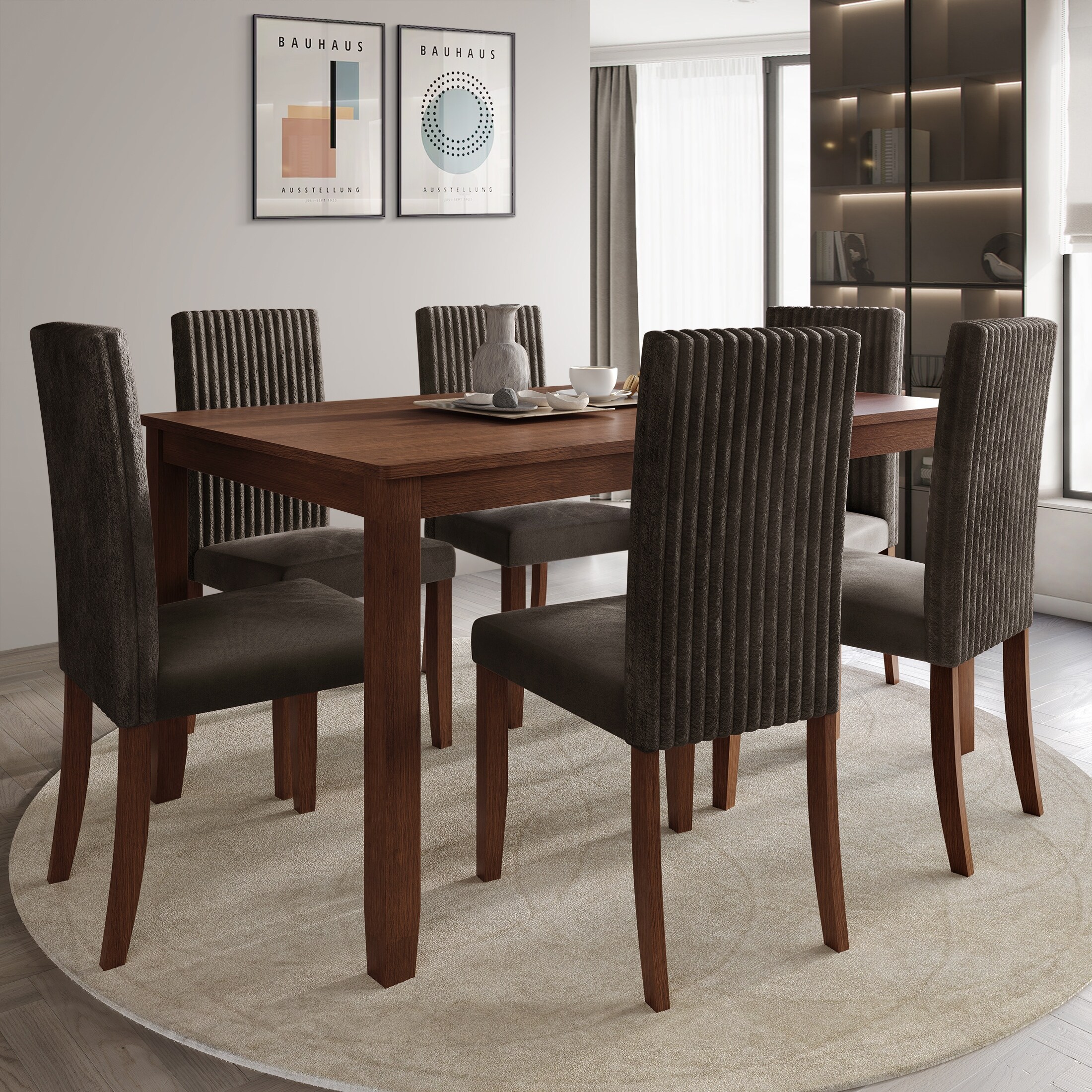 5-piece Rustic Charm Round Dining Set with 3 Upholstered Chairs and Curved Bench for Dining Room, Kitchen and Living room