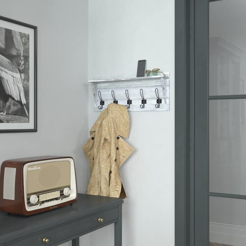 Wall Mounted Storage Rack with Upper Shelf and Storage Hooks - White Wash