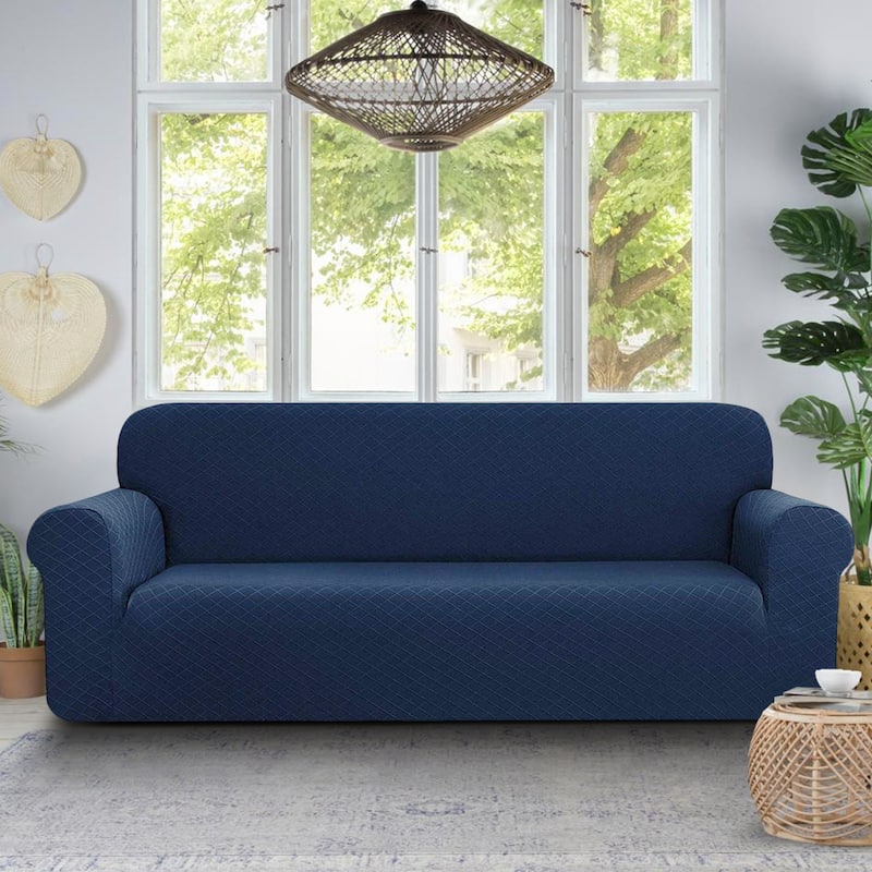 Enova Home 3-Seater Couch Covers Durable Rhombus Jacquard Polyester Spandex Fabric Box Cushion Sofa Slipcover - Dark blue