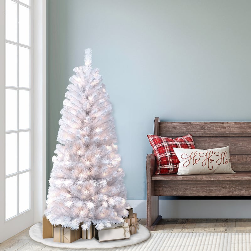 Puleo International Pre-Lit 4.5' White Pencil Northern Fir Artificial Christmas Tree - White