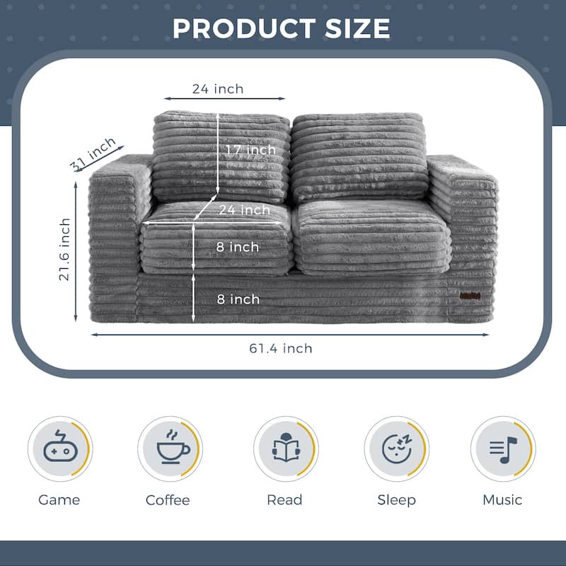 62"Bean Bag Sofa Faux Fur Upholstered Loveseat Floor Sofa with Pillows