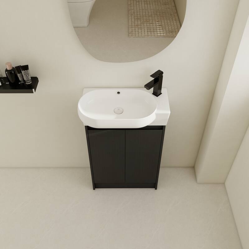 23" Bathroom Vanity with Round Ceramic Sink, Soft-Close Hinges, and Spacious Storage - Black Chestnut Finish